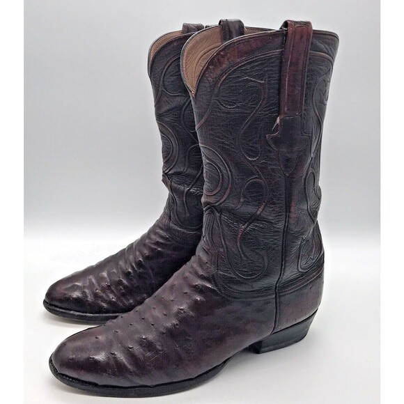 Lucchese Full Quill Ostrich Cowboy Boots Men's 9EE Black Cherry Leather Western - Picture 3 of 14